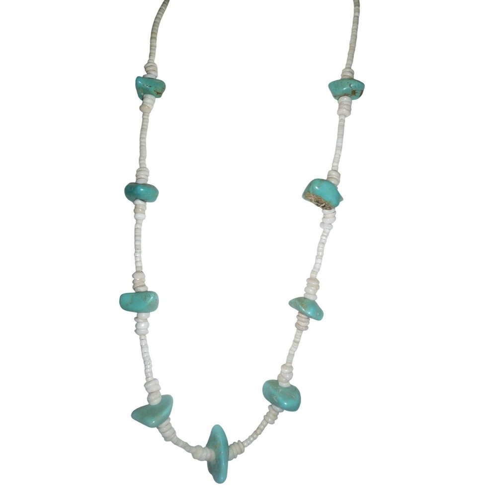 Vintage Southwestern Turquoise Nugget and White Heishe Shell Necklace 24 Inch